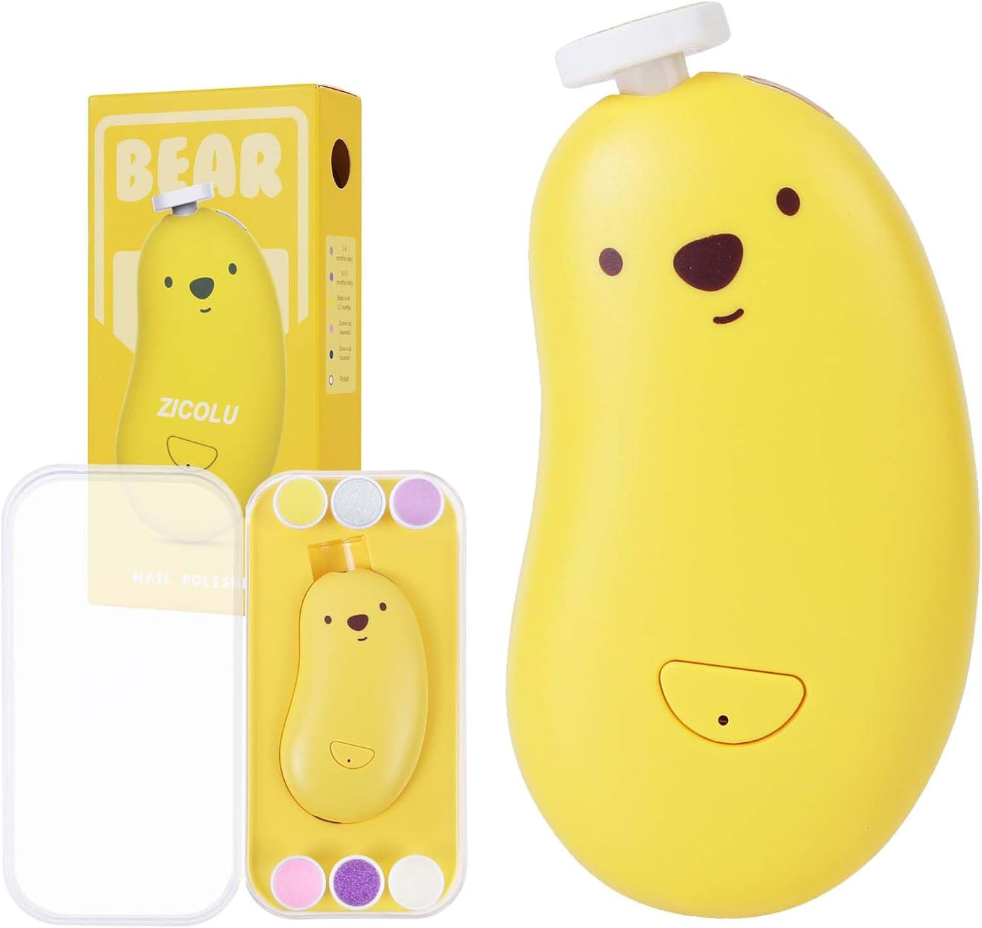 Lime à ongles électrique jaune en forme d'ours pour bébé, avec accessoires de manucure, boîte d'emballage et étui de rangement inclus.