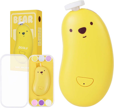 Lime à ongles électrique jaune en forme d'ours pour bébé, avec accessoires de manucure, boîte d'emballage et étui de rangement inclus.