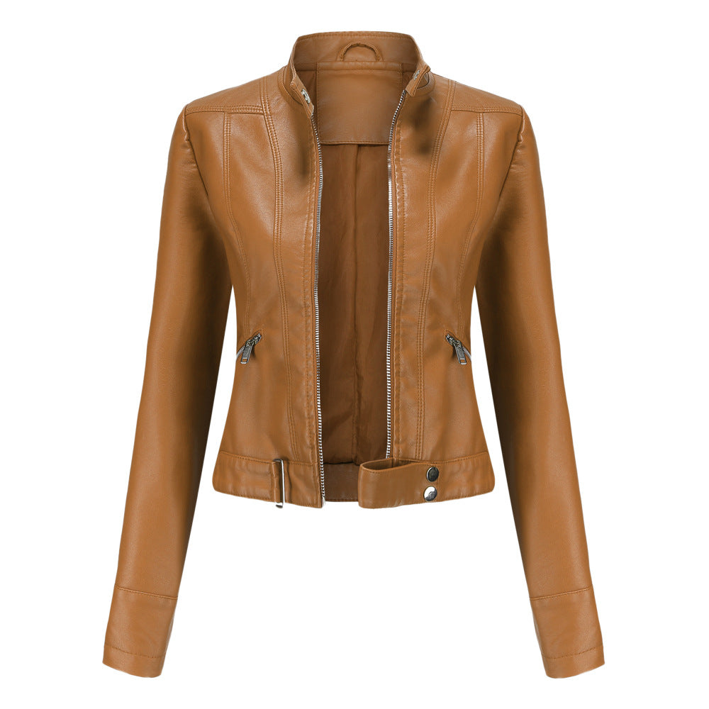 Veste en cuir pour femmes avec fermeture éclair, col montant et ceinture