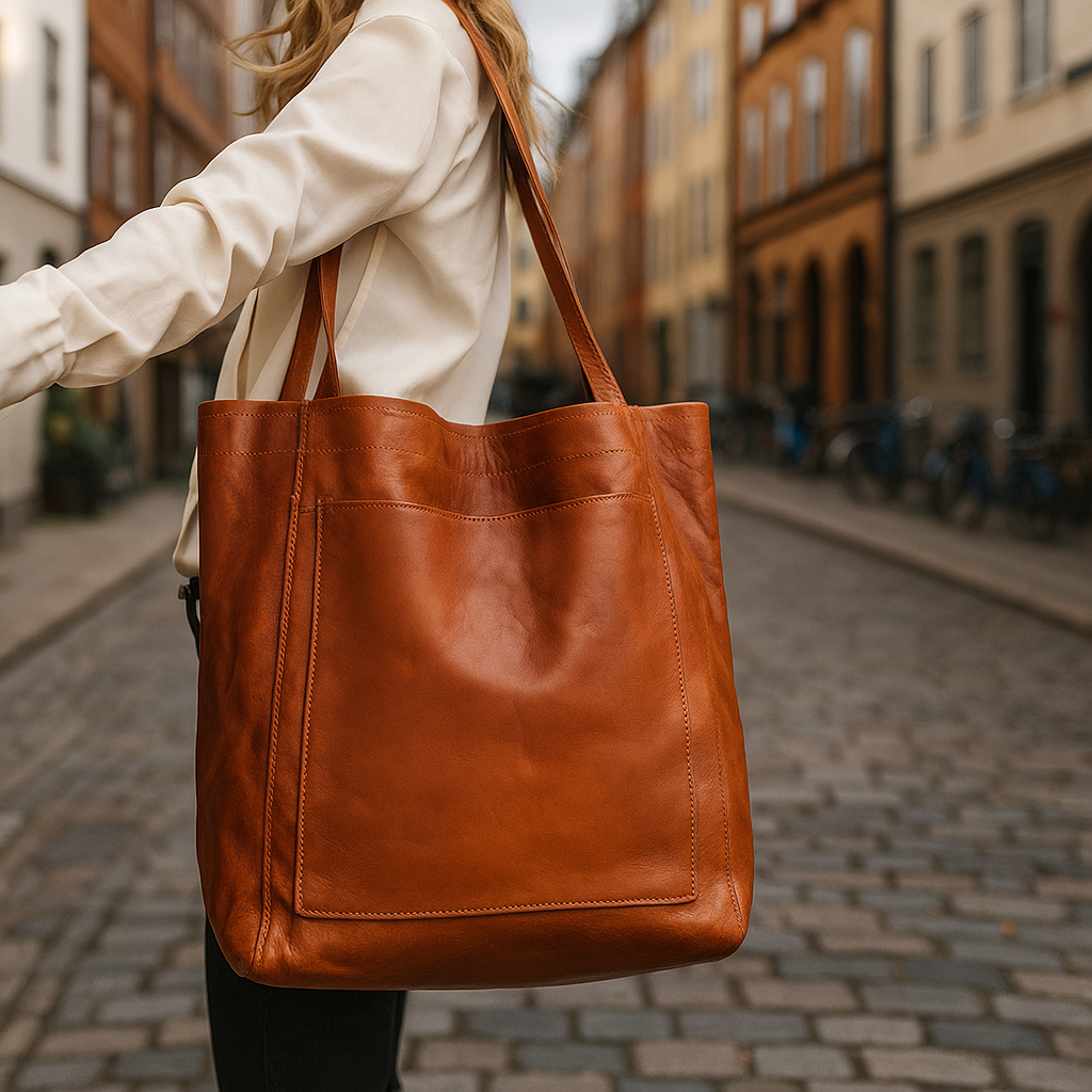 Sac en cuir marron porté par une femme dans une rue pavée, mode élégante, accessoire tendance, style urbain, tenue automnale chic.