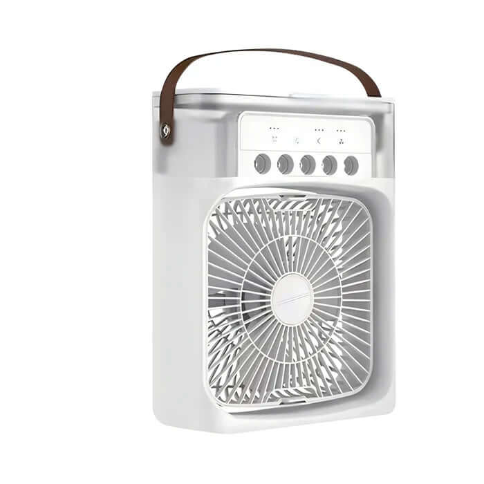 Ventilateur portable blanc avec poignée marron, design compact, boutons de contrôle sur le dessus. Idéal pour rafraîchir les petits espaces.