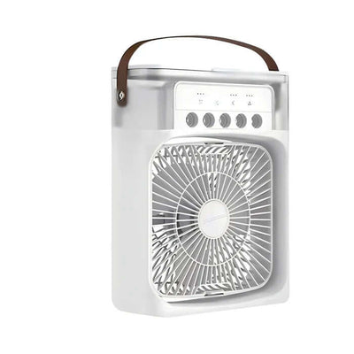 Ventilateur portable blanc avec poignée marron, design compact, boutons de contrôle sur le dessus. Idéal pour rafraîchir les petits espaces.