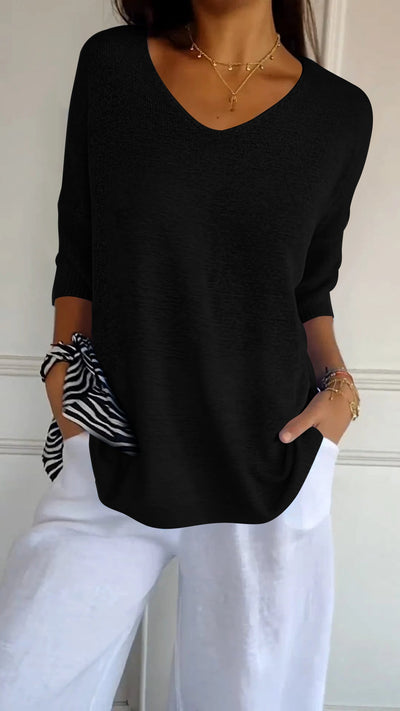 Top tricoté simple et ample à col en V pour femmes
