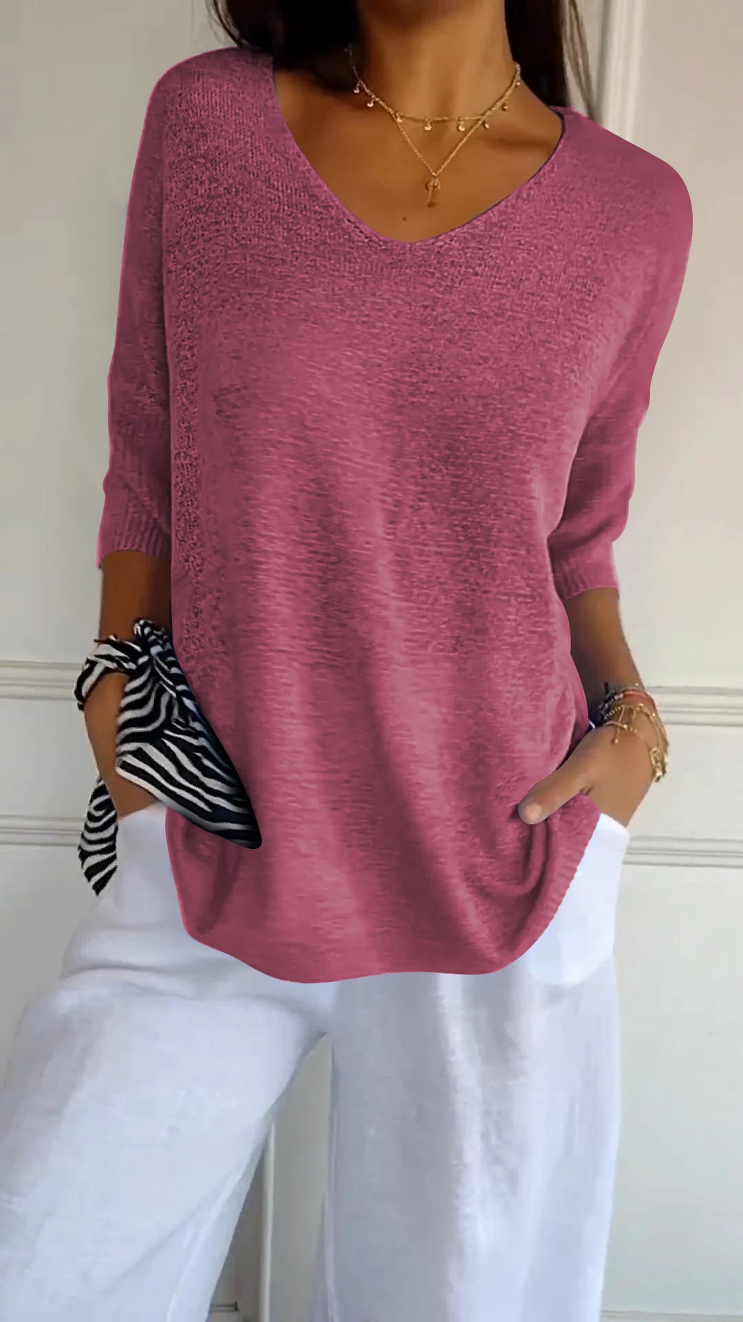 Top tricoté simple et ample à col en V pour femmes