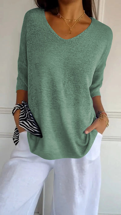 Top tricoté simple et ample à col en V pour femmes