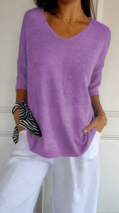 Top tricoté simple et ample à col en V pour femmes