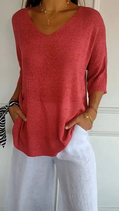 Top tricoté simple et ample à col en V pour femmes