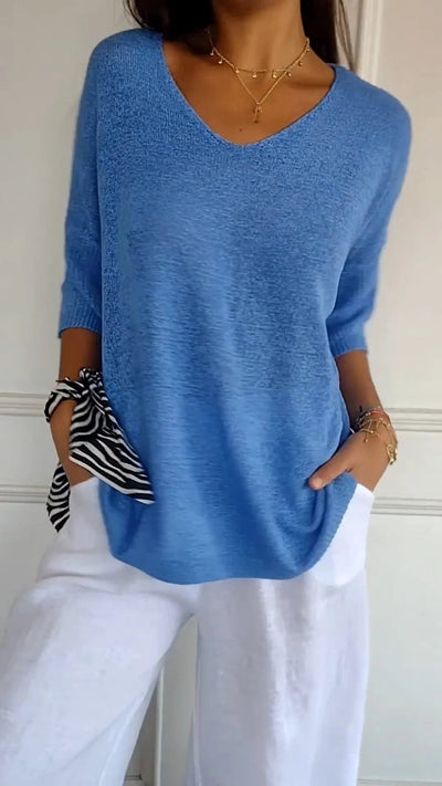 Top tricoté simple et ample à col en V pour femmes