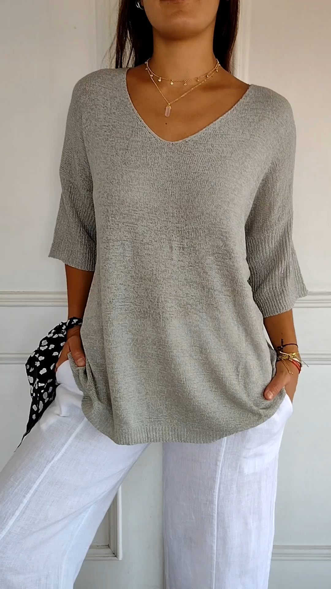 Top tricoté simple et ample à col en V pour femmes