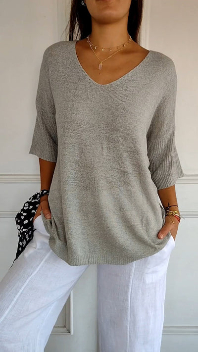 Top tricoté simple et ample à col en V pour femmes