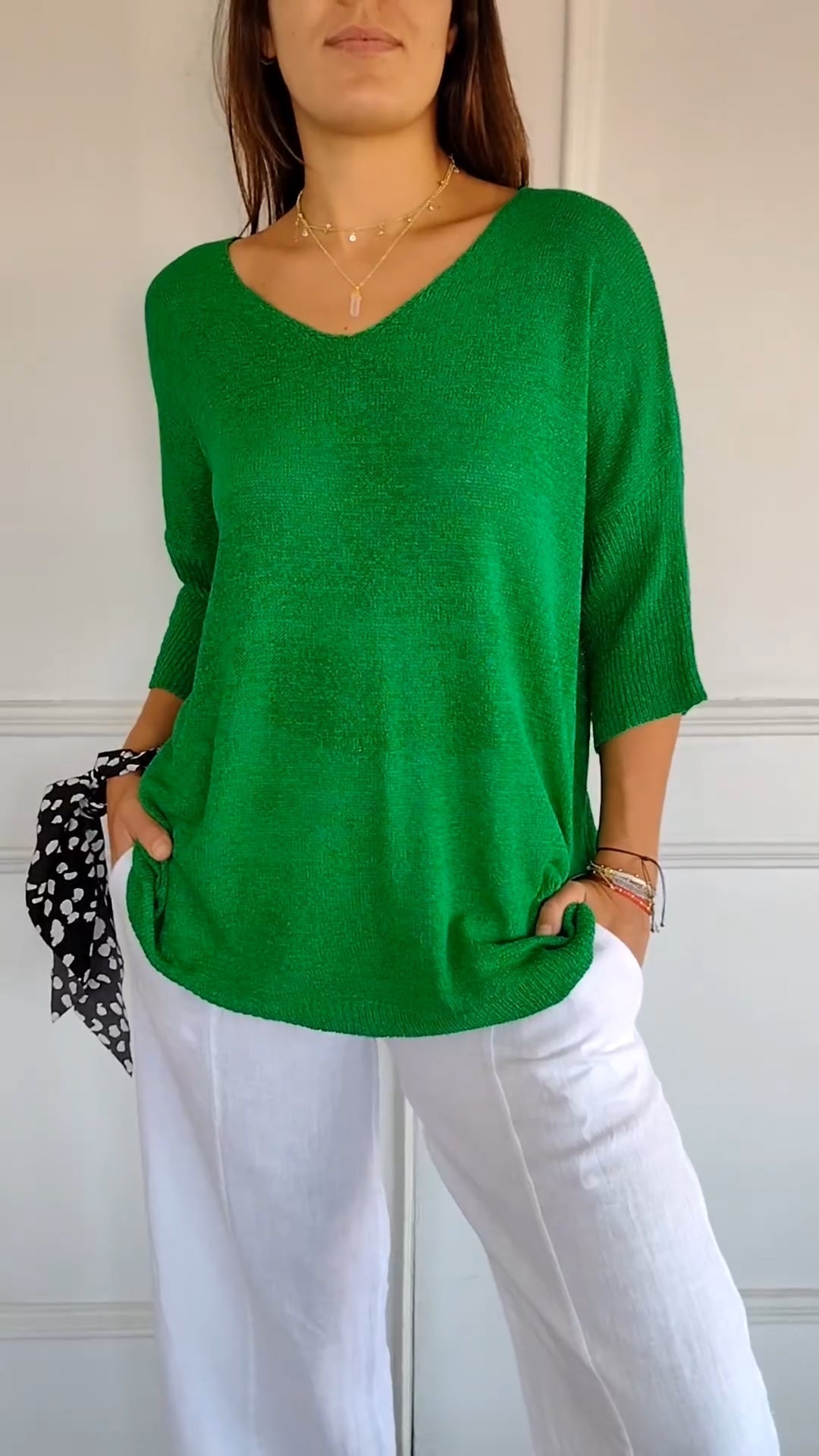 Top tricoté simple et ample à col en V pour femmes