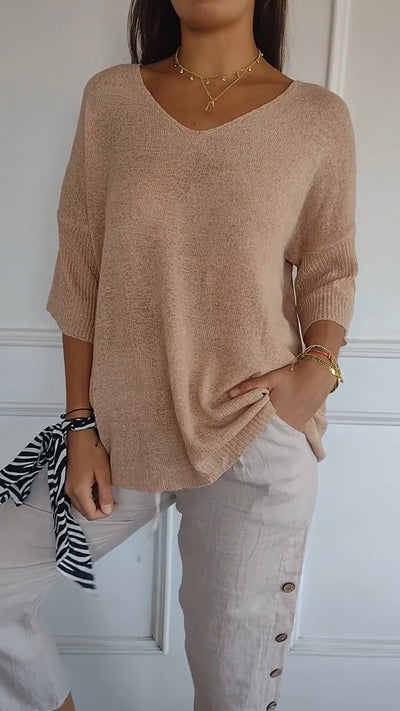 Top tricoté simple et ample à col en V pour femmes