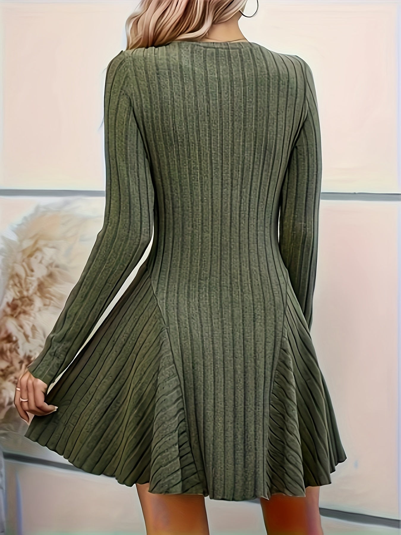 Élégante Robe Côtelée Décolleté en V Ligne A Manches Longues Élégante Pour Femme | Idéale Pour Toute Occasion