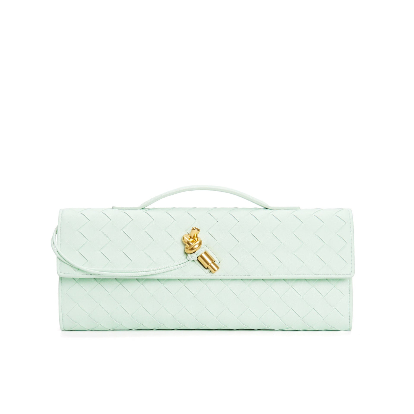 Sac à main en cuir tressé vert menthe avec fermoir doré, design élégant et moderne, accessoire de mode tendance pour femmes.