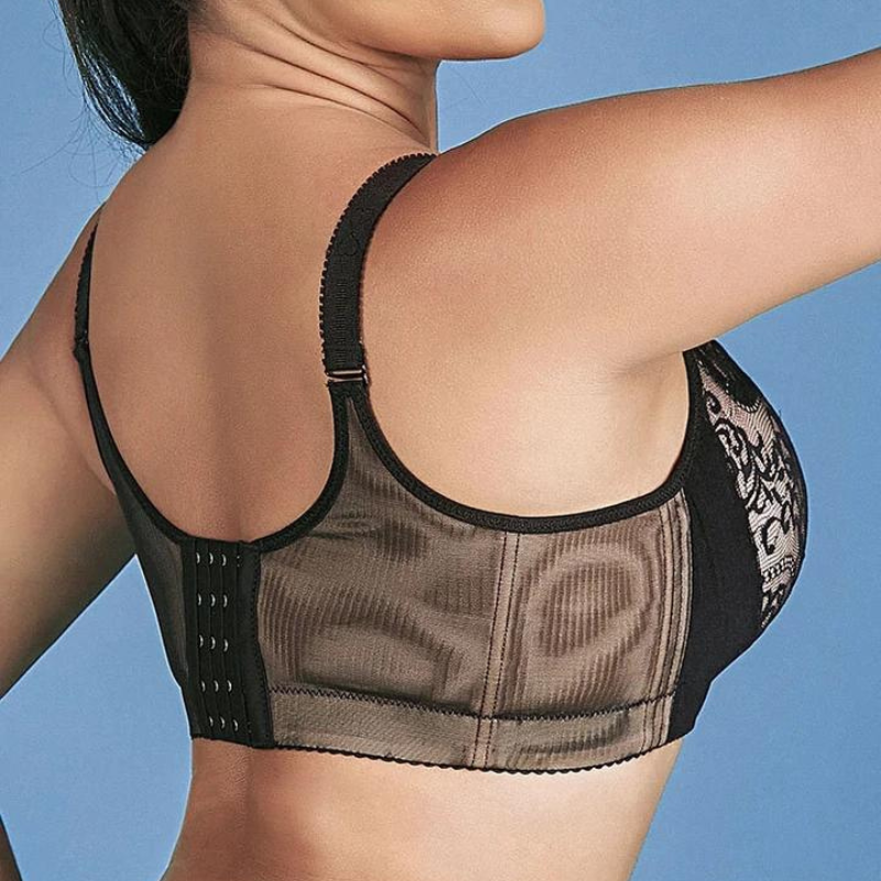Soutien-gorge noir en dentelle, dos en maille transparente, bretelles réglables, fermeture à agrafes, lingerie féminine élégante et confortable.