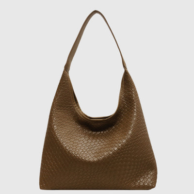 Sac à main en cuir marron tressé, style hobo, avec une anse unique. Accessoire mode élégant et tendance pour femme.