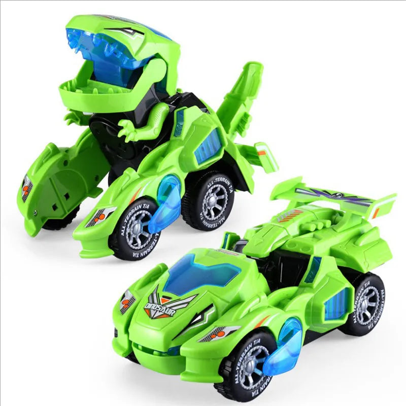 Voiture jouet transformable dinosaure verte, design innovant, roues robustes, détails bleus, idéale pour enfants, cadeau original et amusant.
