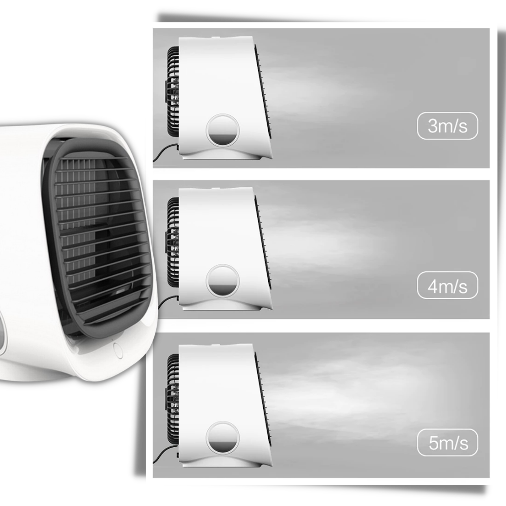 Ventilateur blanc moderne avec trois réglages de vitesse (3m/s, 4m/s, 5m/s), affiché de profil, illustrant le flux d'air. Design élégant et fonctionnel.