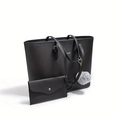 Sac à main noir élégant avec pochette assortie, pompon gris, design moderne, cuir synthétique, idéal pour femmes, mode, accessoires tendance.