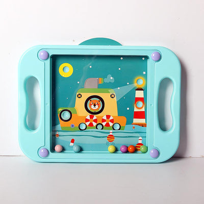 Jouet éducatif en bois pour enfants, labyrinthe magnétique avec sous-marin jaune et phare, billes colorées, développement motricité fine.