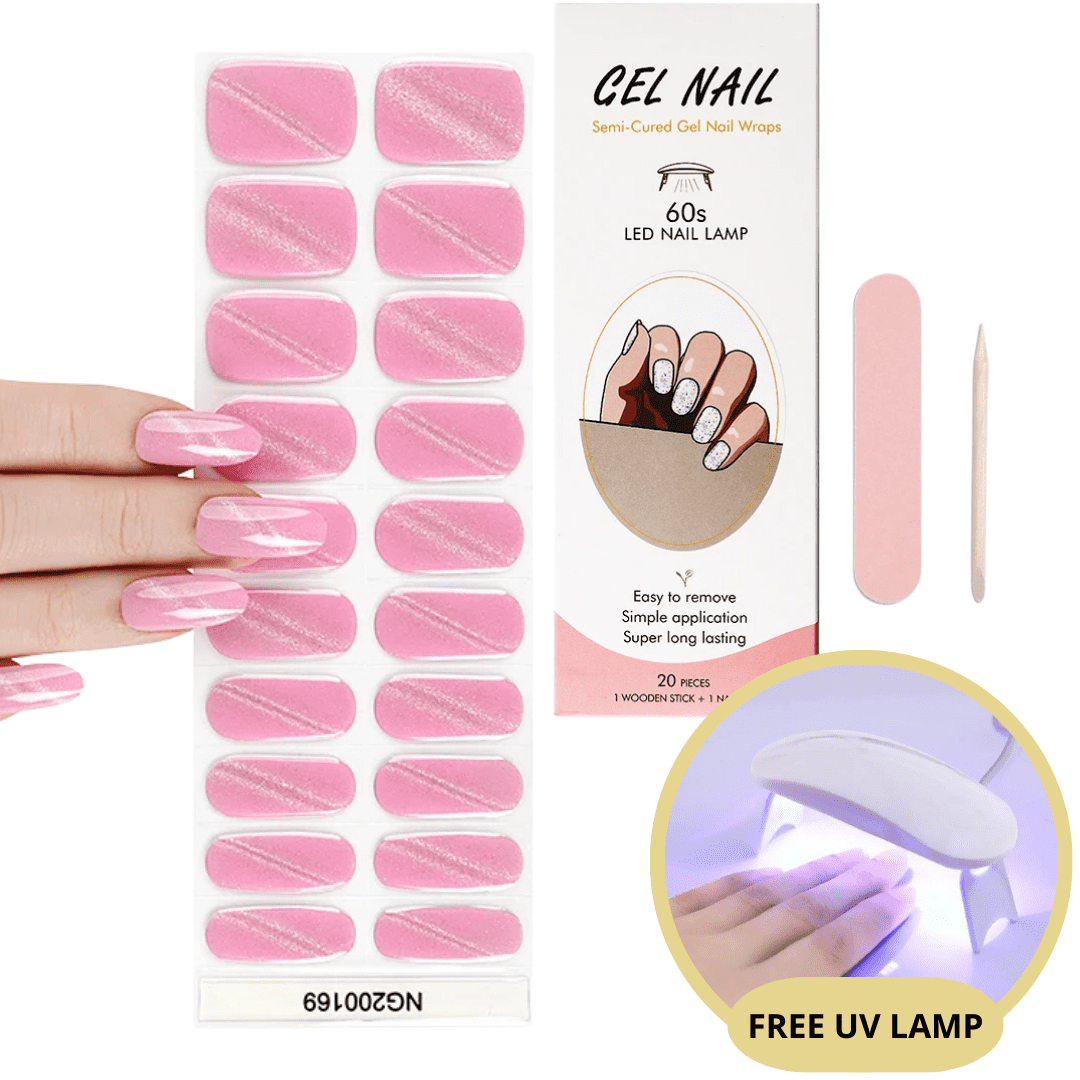 Ongles en gel rose avec lampe UV gratuite, autocollants semi-permanents, application facile, longue tenue, kit manucure complet.
