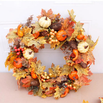 Couronne de feuilles d'érable avec citrouille - Décoration de porte d'automne