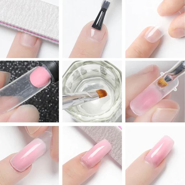 Image montrant étapes de manucure gel rose : limage, application base, gel rose, durcissement sous lampe UV, finition brillante. Soins ongles.