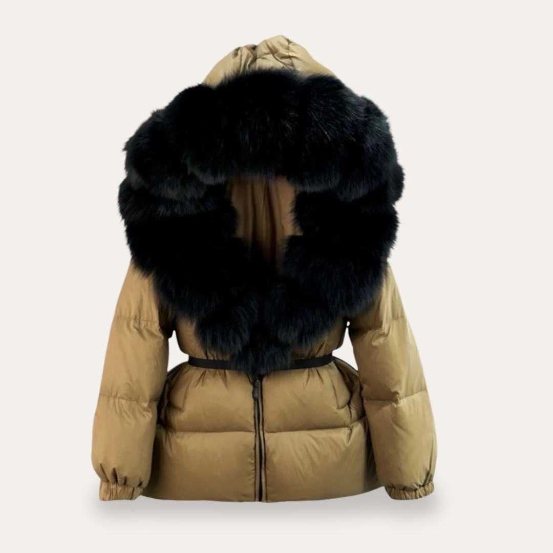 Jachetă Puffa pentru femei cu glugă și guler din blană sintetică