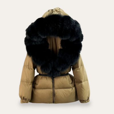 Jachetă Puffa pentru femei cu glugă și guler din blană sintetică