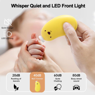 Bébé tenant un coupe-ongles électrique jaune avec lumière LED, design silencieux, idéal pour soins des ongles de bébé. Niveau sonore: 40dB.