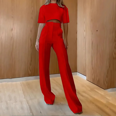 Fran | Ensemble deux pièces pour dames | Pantalon à jambes larges & Top à col en O avec manches 3/4