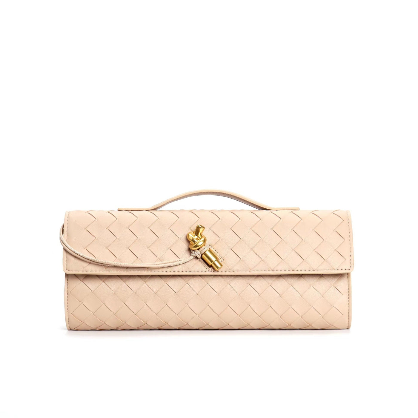Sac à main en cuir beige tressé avec poignée et fermoir doré, design élégant et moderne. Accessoire de mode féminin chic et tendance.