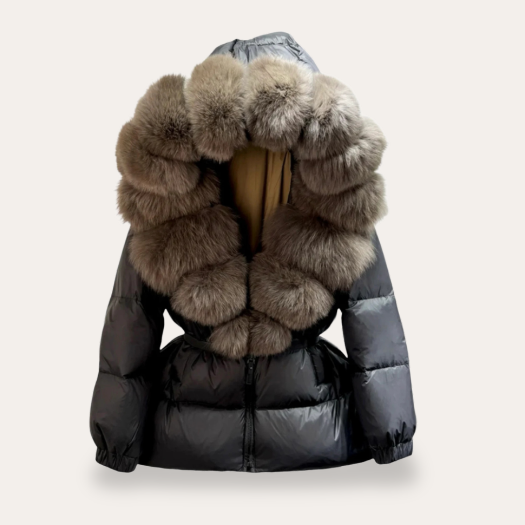 Jachetă Puffa pentru femei cu glugă și guler din blană sintetică