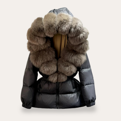 Jachetă Puffa pentru femei cu glugă și guler din blană sintetică