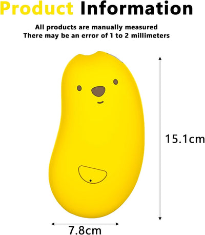 Jouet vibrant jaune en forme de haricot, dimensions 15,1 cm x 7,8 cm, design mignon avec visage d'animal, idéal pour massage et relaxation.