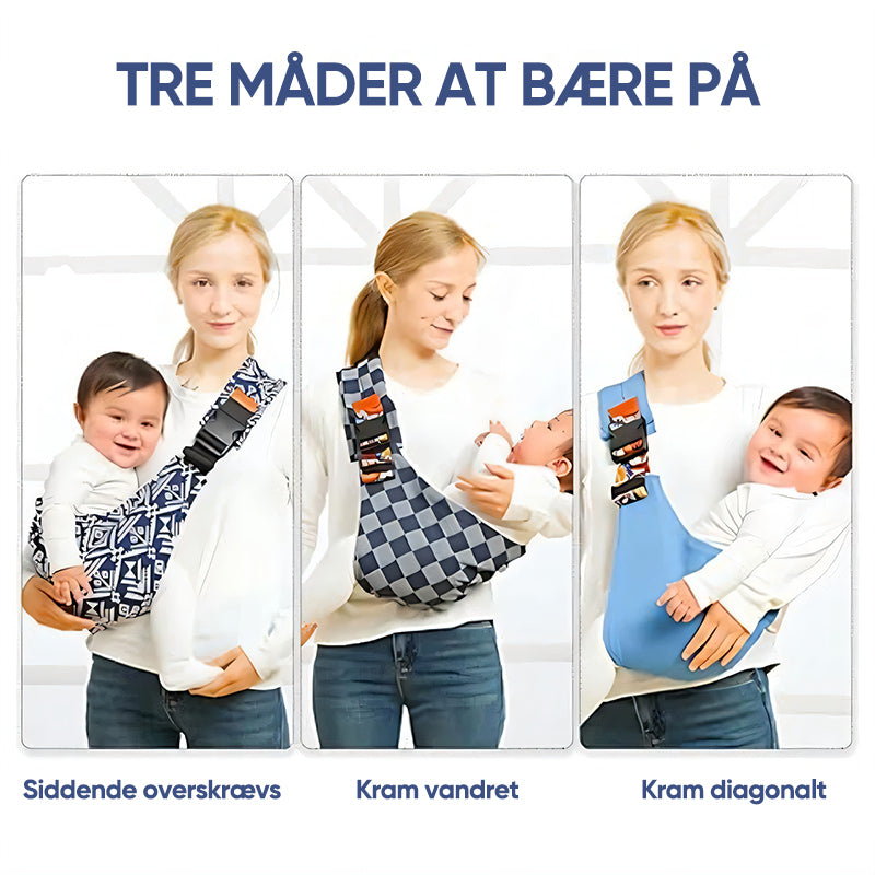 Femme portant un bébé dans un porte-bébé ergonomique, trois positions illustrées : assise, horizontale, diagonale. Confort, sécurité, maternité.