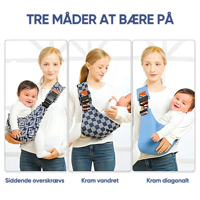 Femme portant un bébé dans un porte-bébé ergonomique, trois positions illustrées : assise, horizontale, diagonale. Confort, sécurité, maternité.