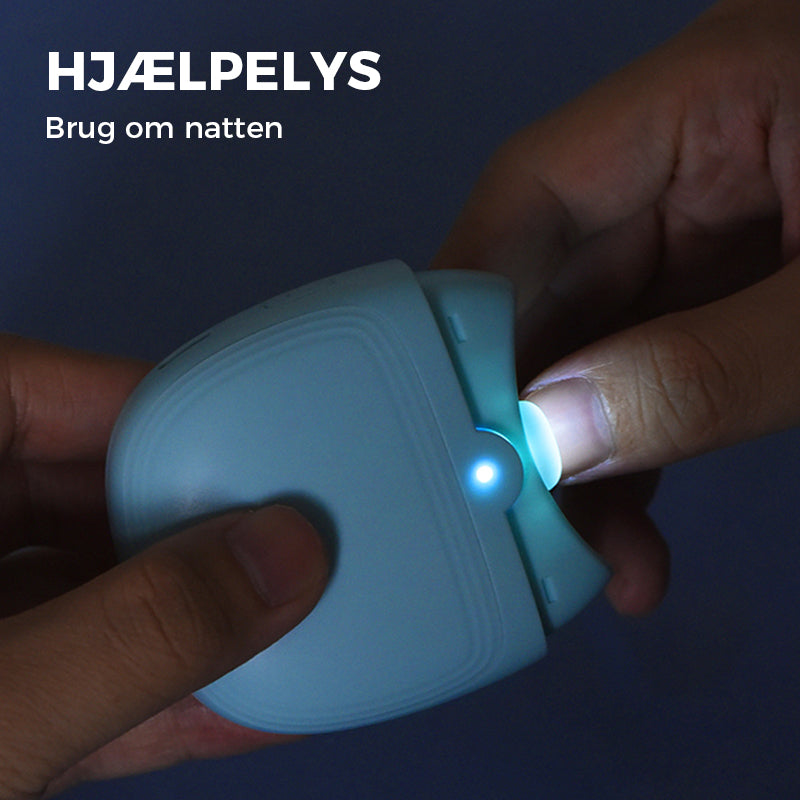 Boîtier lumineux bleu pour ongles, éclairage LED intégré, utilisation nocturne, mains tenant l'appareil, fond sombre.