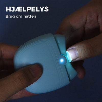 Boîtier lumineux bleu pour ongles, éclairage LED intégré, utilisation nocturne, mains tenant l'appareil, fond sombre.