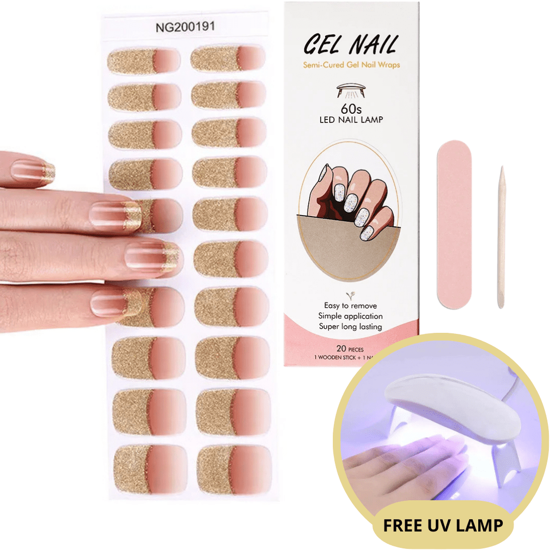 Autocollants ongles gel semi-permanents, manucure française dorée et rose, kit complet avec lime, bâtonnet et lampe UV gratuite.