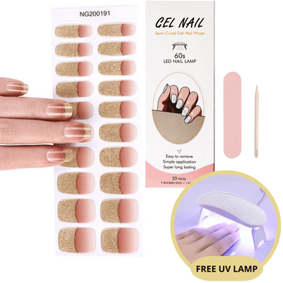 Autocollants ongles gel semi-permanents, manucure française dorée et rose, kit complet avec lime, bâtonnet et lampe UV gratuite.
