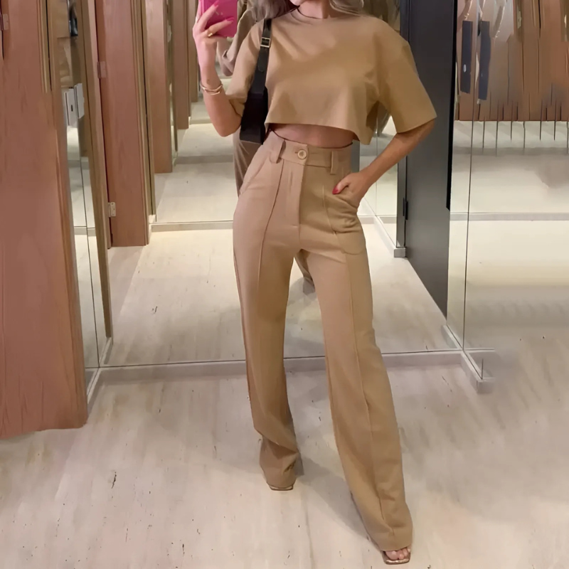 Fran | Ensemble deux pièces pour dames | Pantalon à jambes larges & Top à col en O avec manches 3/4