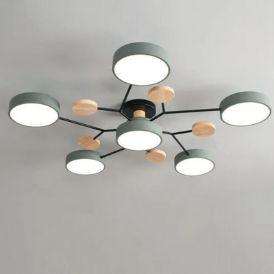 Plafonnier moderne à LED avec six abat-jours circulaires, design minimaliste, structure en métal noir et détails en bois, éclairage intérieur élégant.