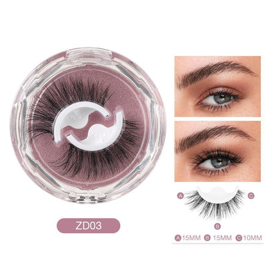 Faux cils ZD03 en boîte ronde, longueur 15mm, avec photos de yeux maquillés. Accessoire beauté pour un regard intense et volumineux.