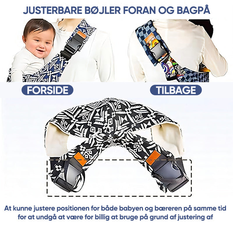 Porte-bébé ajustable avec motifs géométriques, montrant des sangles réglables à l'avant et à l'arrière pour un confort optimal.