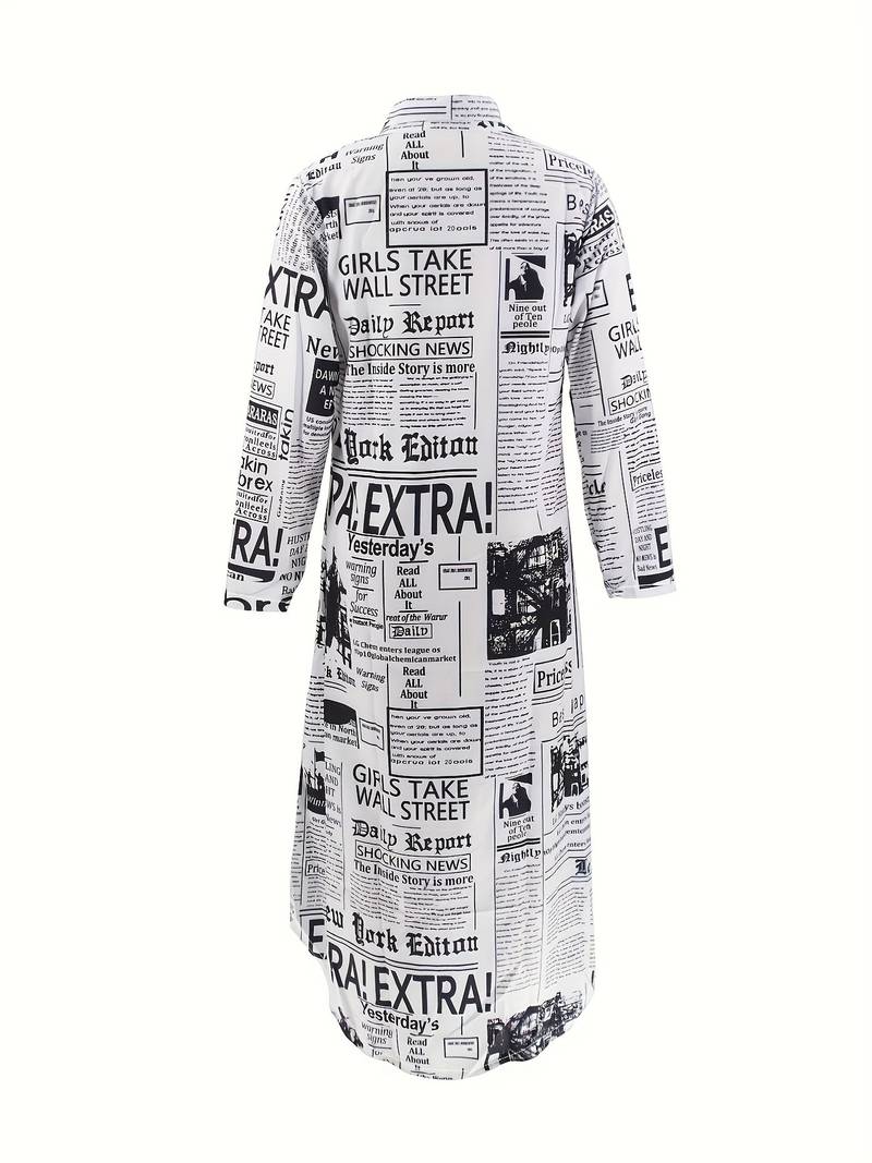 Robe imprimée journal noir et blanc, manches longues, style moderne. Tendance mode, vêtement unique, design original, look audacieux.