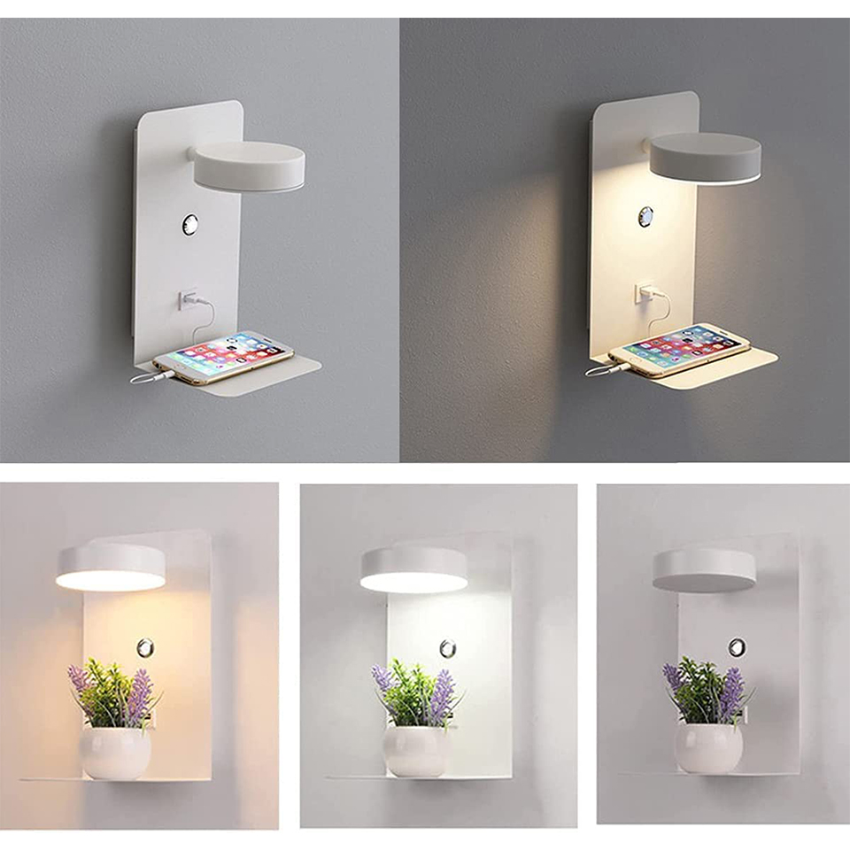 Applique murale LED blanche moderne avec étagère intégrée, support de charge pour smartphone, pot de fleurs décoratif, éclairage intérieur design.