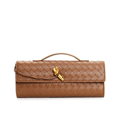 Sac à main en cuir marron tressé avec fermoir doré, design élégant et moderne. Accessoire de mode tendance pour femme.