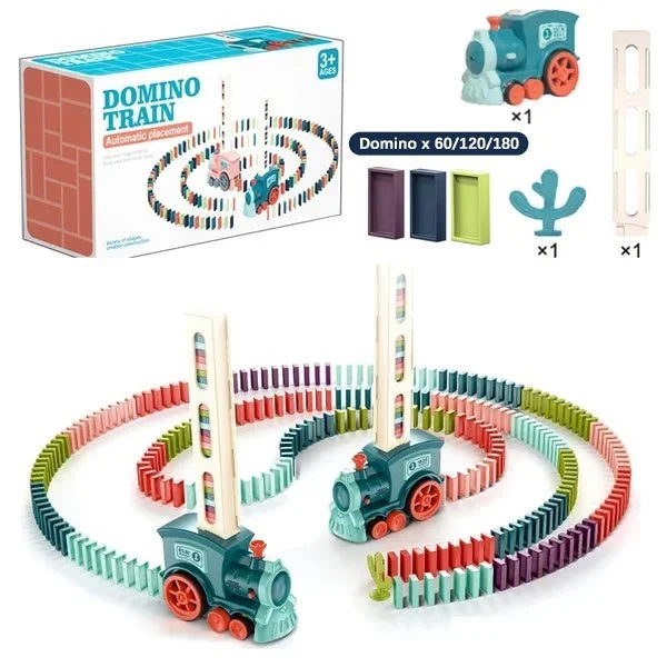 Train domino automatique pour enfants, jouet éducatif avec locomotive bleue, dominos colorés, cactus et rails. Idéal pour 3 ans et plus.