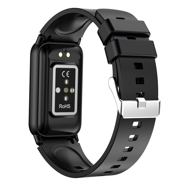 Montre connectée noire avec bracelet en silicone, capteurs de santé visibles au dos, conforme aux normes CE et RoHS. Accessoire high-tech moderne.